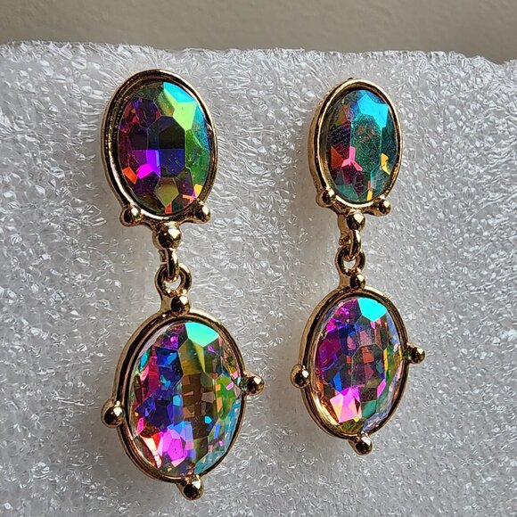 NWOT Etsy Iridescent Crystal Beaded Gold Tone Pierced Drop Dangle Earrings - Picture 4 of 15